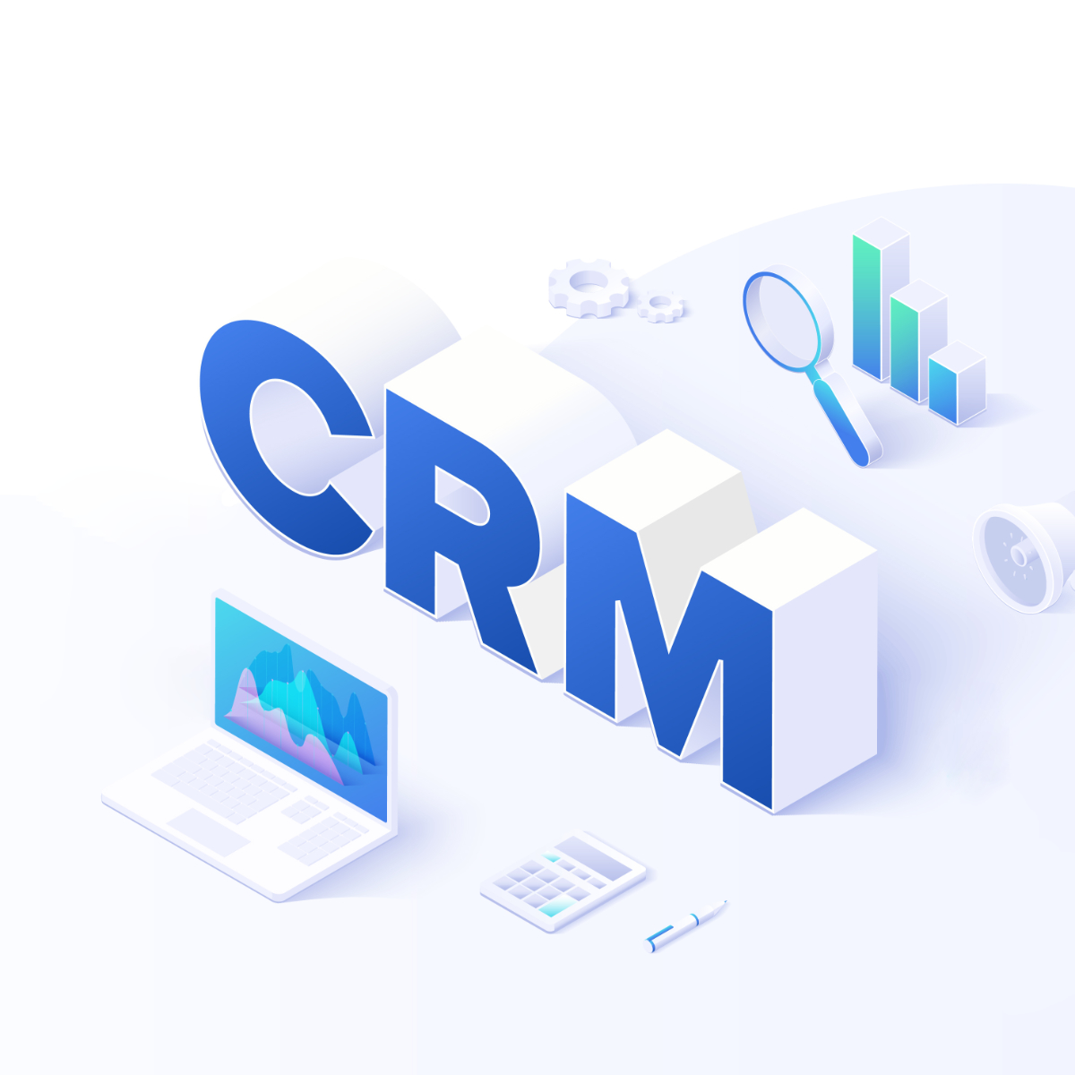 3D illustration of 'CRM' in bold blue letters, surrounded by icons like a magnifying glass, a laptop, and a calculator