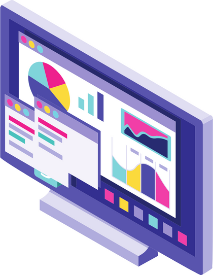 Isometric illustration of a computer monitor displaying various colorful charts, graphs, and data visualizations.